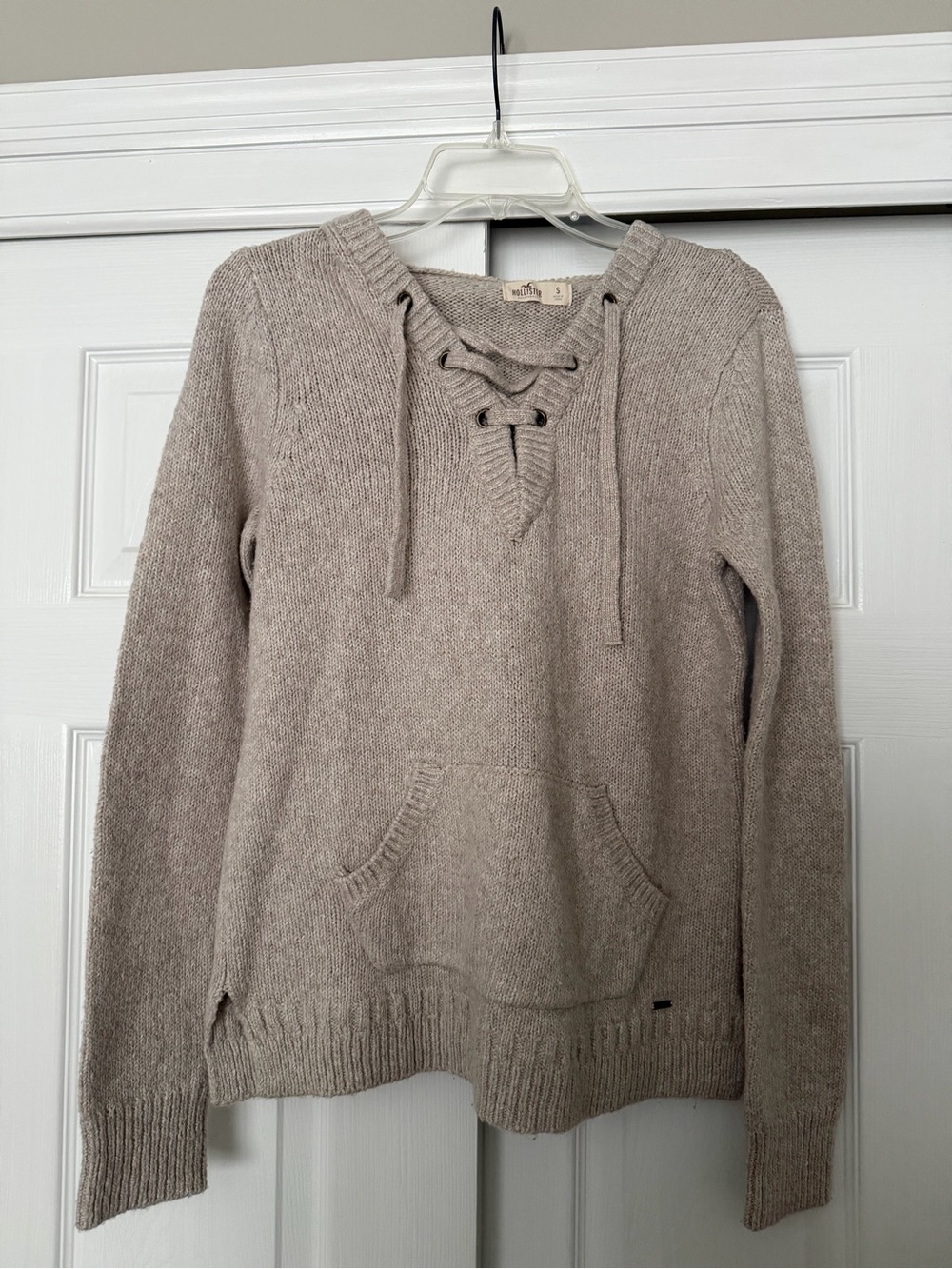 Hollister Taupe Lace-Up V-Neck Sweater